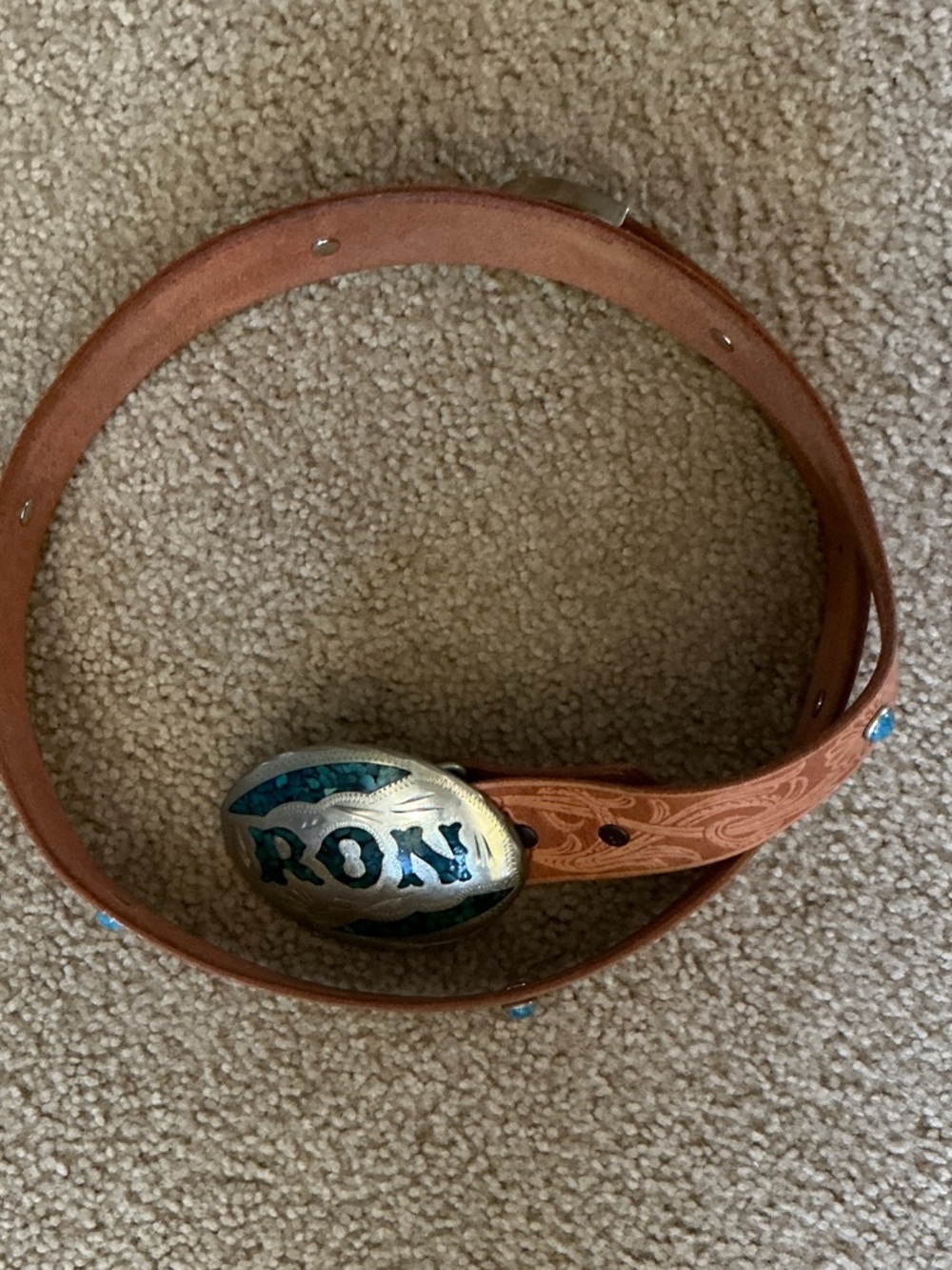 On Running Tan Tooled Leather Belt with Teal Name Buckle